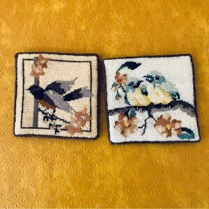 VTG Set Of 2Needlepoint Coasters Bird Design Satin  Back Cottagecore Granny 8in
